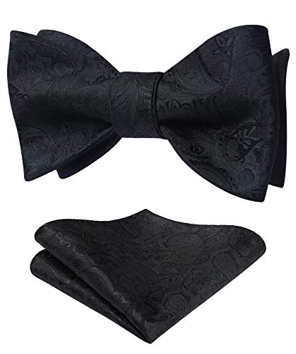 HISDERN Herren Fliege Schwarz Verstellbare Fliegen und Einstecktuch Set klassische Paisley Selbstgebundene Fliege für Bräutigam Hochzeit Party von HISDERN