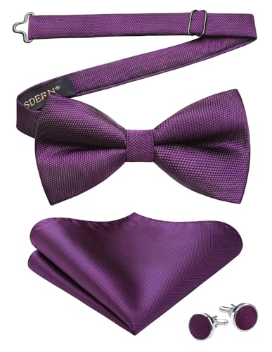 HISDERN Herren Fliege Violett Einfarbig Verstellbare Vorgebundene Fliegen und Einstecktuch mit Manschettenknöpfe Set Seide Fliege Anzug für Hochzeit Smoking von HISDERN