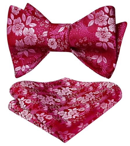 HISDERN Herren Fliege und Einstecktuch Set Selbstgebundene Fliege Rosa Blumen Fliege für Anzug Hochzeit Feier… von HISDERN