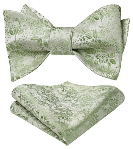 HISDERN Herren Fliege und Einstecktuch Set Selbstgebundene Salbeigrün Blumen Fliege für Anzug Hochzeit Feier von HISDERN
