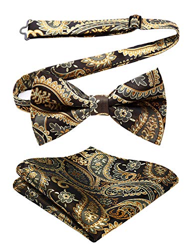 HISDERN Herren Fliege verstellbar Paisley Schleife bereits gebunden Taschentuch Set Hochzeit Party Smoking golden schwarz braun von HISDERN