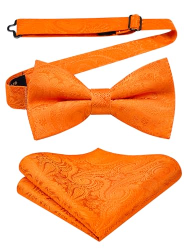 HISDERN Herren Fliegen Orange Fliege mit Einstecktuch Set Paisley Vorgebunden Anzug Fliege und Taschentuch Hochzeit Schleife für Männer von HISDERN