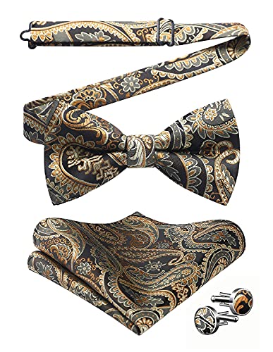 HISDERN Herren Paisley Gold braun Fliege und Einstecktuch mit Manschettenknöpfe Set, Schleife mit Haken - Bereits Gfebunden，Verstellbare Fliege，für Hochzeit Sfeier Weihnachten Halloween von HISDERN