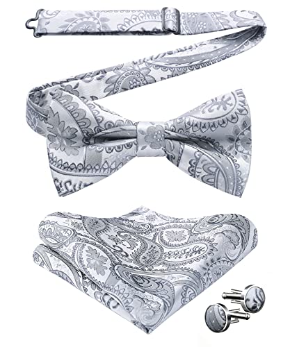 HISDERN Herren Paisley Grau Fliege und Einstecktuch mit Manschettenknöpfe Set，Schleife mit Haken - Bereits Gfebunden，Verstellbare Fliege，Vorgebundene Fliege，für Hochzeit Sfeier Weihnachten Halloween von HISDERN