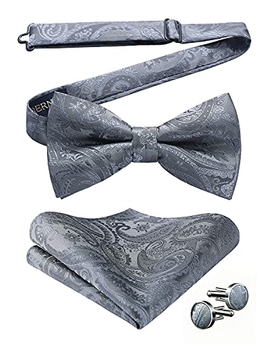 HISDERN Herren Paisley Grau Fliege und Einstecktuch mit Manschettenknöpfe Set，Schleife mit Haken - Bereits Gfebunden，Verstellbare Fliege，Vorgebundene Fliege，für Hochzeit Sfeier Weihnachten Halloween von HISDERN