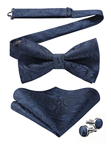 HISDERN Dunkelblaue Fliege Herren Paisley Fliege und Einstecktuch Manschettenknöpfe Set für Hochzeit Sfeier Weihnachten Halloween Bereits Gfebunden Schleife von HISDERN