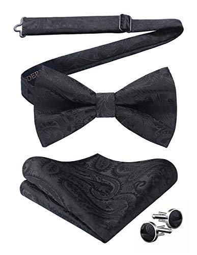 HISDERN Fliege Schwarz Herren Paisley Fliegen und Einstecktuch mit Manschettenknöpfe Set Verstellbare Fliege für Hochzeit Sfeier Weihnachten,Schwarz von HISDERN