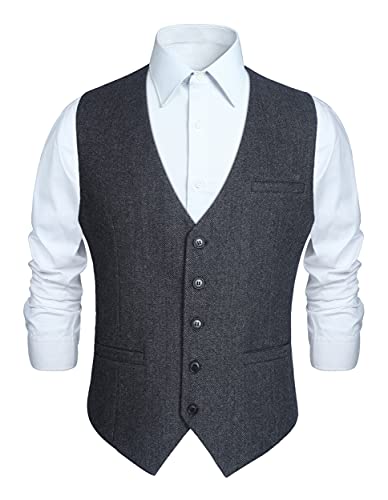 HISDERN Herren Formelle Business Weste Anzugweste Hochzeits Weste Wolle Herringbone Tweed Herren Party Westen Holzkohle M von HISDERN