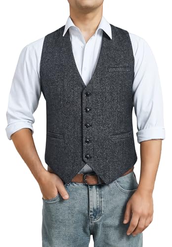 HISDERN Herren Weste Anzug Vintage Casual Schwarz Tweed Weste Herringbone Wolle Trachtenweste für Hochzeit M von HISDERN