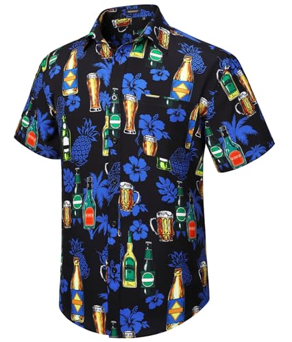 HISDERN Herren Funky Hawaiihemd Bierdruck Kurzarm Hawaii Hemd Sommer Urlaub Aloha Strand Tropisches Party Hemden für Männer,Blau,M von HISDERN