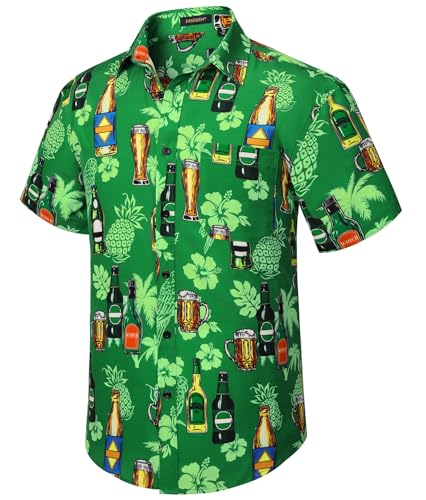 HISDERN Herren Funky Hawaiihemd Bierdruck Kurzarm Hawaii Hemd Sommer Urlaub Aloha Strand Tropisches Party Hemden für Männer,Grün,XL von HISDERN