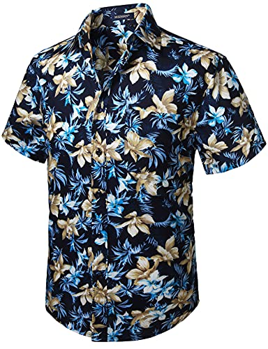 HISDERN Herren Funky Hawaiihemd Blumen Kurzarm Vordertasche Holiday Summer Aloha Bedruckter Strand Casual Navy Blue Hawaii Hemd von HISDERN