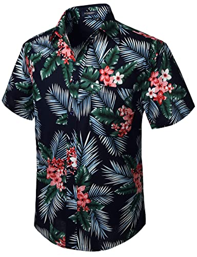 HISDERN Herren Funky Hawaiihemd Blumenblatt Hemden Kurzarm Vordertasche Urlaub Sommer Aloha Bedruckter Strand Lässig Marineblau Rosa Hawaii Blumenhemd von HISDERN