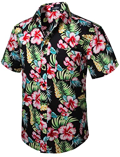 HISDERN Herren Funky Hawaiihemd Blumenhemden Kurzarm Vordertasche Urlaub Sommer Aloha Bedruckter Strand Lassig Schwarz Rosa Hawaii Blumenhemd von HISDERN