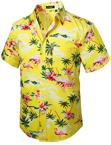 HISDERN Herren Funky Hawaiihemd Flamingo Gelb Unisex Kurzarm Vordertasche Urlaub Sommer Aloha Bedruckter Strand Beilaufig Hawaii Hemd S-2XL von HISDERN
