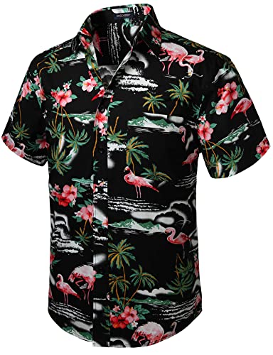 HISDERN Herren Funky Hawaiihemd Flamingo Unisex Kurzarm Vordertasche Urlaub Sommer Aloha Bedruckter Strand Beilaufig Hawaii Hemd 2XL von HISDERN