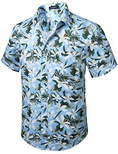 HISDERN Herren Funky Hawaiihemd KirschblUten Kurzarm Vordertasche UrlaubSommer Aloha Bedruckter Strand Freizeithemden Blue Hawaii 4XL von HISDERN