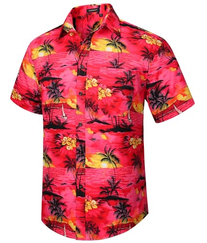 HISDERN Herren Funky Hawaiihemd Kurzarm Hawaii Hemd Sommer Blattdruck Shirt Unisex Casual Urlaub Aloha Strand Tropisches Party Männer Hemden,Rot,S von HISDERN