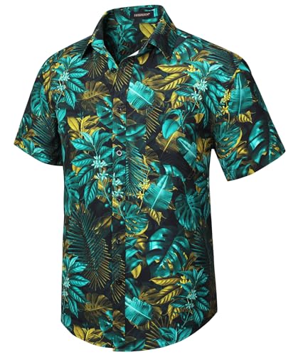 HISDERN Herren Funky Hawaiihemd Kurzarm Hawaii Hemd Sommer Unisex Casual Blattdruck Shirt Urlaub Aloha Strand Tropisches Party Männer Hemden,Grün 2,XXL von HISDERN