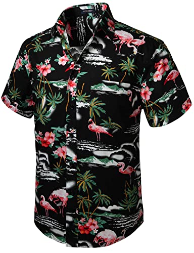 HISDERN Herren Funky schwarz Hawaiihemd Freizeithemden Flamingo Unisex Kurzarm Vordertasche Urlaub Sommer Aloha Bedruckter Beach Strand Beilaufig Hawaii Hemd 4XL von HISDERN