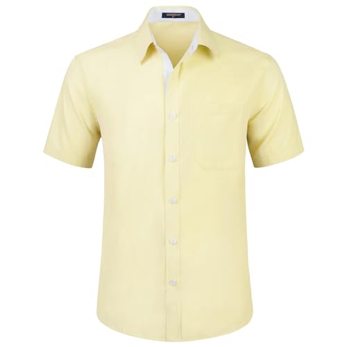 HISDERN Herren Gelb Hemd Kurzarm Freizeithemd Businesshemd Herren Kurzarm Hemden Regular Fit Bügelfreies Herrenhemd mit Brusttasche,4XL von HISDERN
