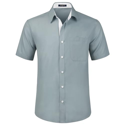 HISDERN Herren Grau Hemd Kurzarm Freizeithemd Businesshemd Herren Kurzarm Hemden Regular Fit Bügelfreies Herrenhemd mit Brusttasche,3XL von HISDERN