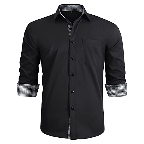 HISDERN Männer Schwarz Formale Hemden Langarm Regular Fit Casual Formal Klassischer Kragen Button-Down Kariertes Hahnentritt-Hemd von HISDERN