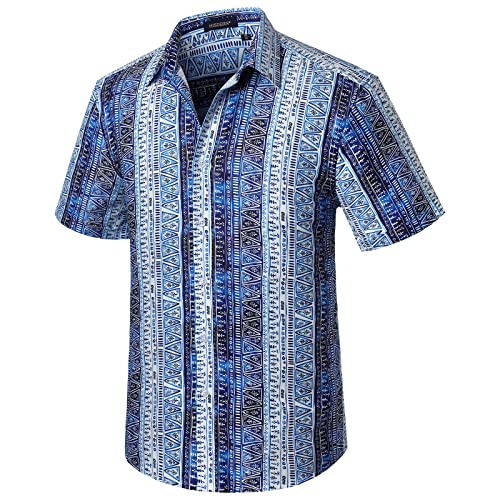 HISDERN Hawaiihemd Herren Kurzarm Aloha Blumen Hawaii Hemd Männer Baumwolle Tropische Sommerhemd Strand Freizeithemden Blau/Weiß XL von HISDERN