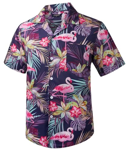 HISDERN Herren Hawaiihemd Kurzarm Sommerhemd Casual Flamingo Kubanischer Kragen Strandhemd Button Down Aloha Surf für Urlaub Lila 3XL von HISDERN