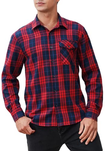 HISDERN Herren-Hemd, langärmelig, lässig, Kariertes Flanellhemd, kariert, Button-Down-Hemd, reguläre Passform, Rot/Blau, XL von HISDERN