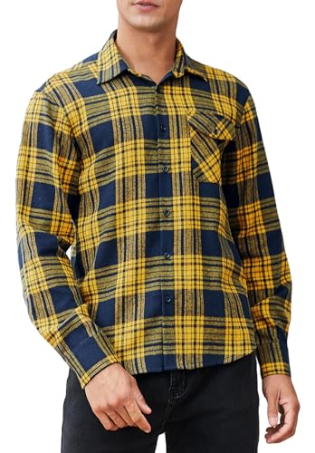 HISDERN Herren-Hemd, normal geschnitten, langärmelig, lässig, Kariertes Flanellhemd, Karierte Tartan-Hemden mit Knopfleiste, Blau/Gelb, L von HISDERN