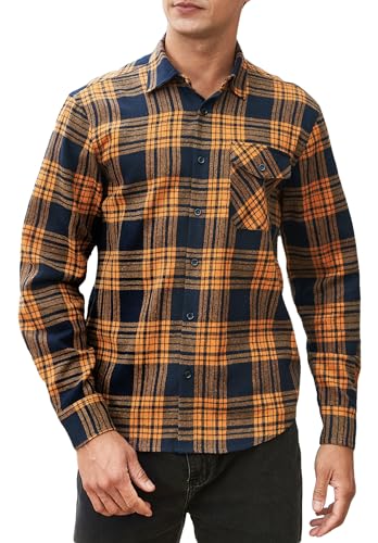 HISDERN Herren-Hemd, normal geschnitten, langärmelig, lässig, Kariertes Flanellhemd, Karierte Tartan-Hemden mit Knopfleiste, Marineblau/Karamell, L von HISDERN