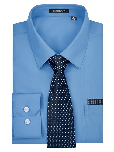 HISDERN Herren Hemd Blau Langarm Einfarbige Hemden mit Krawatte und Taschentuch Formelle Businesshemd Hochzeit Freizeithemd mit Tasche Regular Fit L von HISDERN