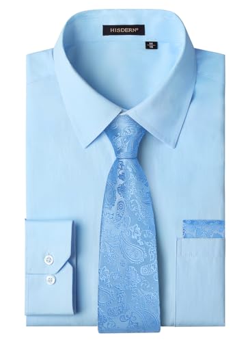 HISDERN Herren Hemd Blau mit Krawatte Set Formelle Business Hemd Langarm Regular Fit Hochzeit Freizeithemden mit Brusttasche L von HISDERN