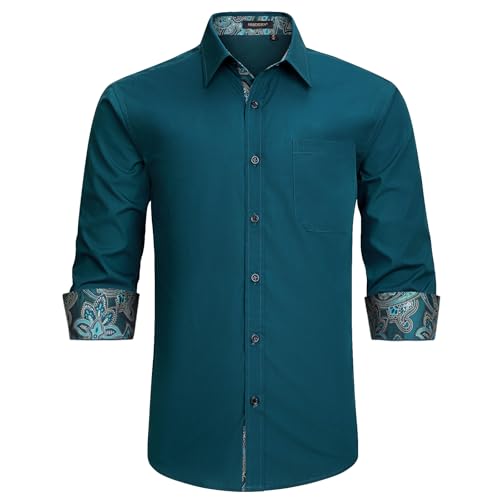 HISDERN Herren Hemd Blaugrün Langarm Business Herren Hemd Formale Regular Fit Freizeithemden Button Down Arbeit Hochzeit mit Taschen L von HISDERN