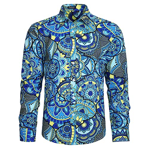 HISDERN Herren Hemd Blumen Langarm Hemden Casual Muster Shirts Funky Fancy Hemd für Herren Regular Fit L von HISDERN