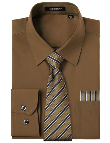 HISDERN Herren Hemd Braun Langarm Einfarbige Hemden mit Krawatte und Taschentuch Formelle Businesshemd Hochzeit Freizeithemd mit Tasche Regular Fit XXL von HISDERN