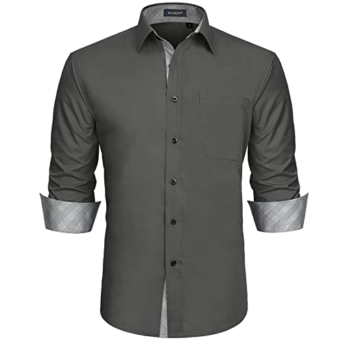 HISDERN Herren Hemd Freizeithemd Langarmhemd Formelle Businesshemden Freizeithemden Langarm Hemd Regular Fit Hemden Shirt Grau 4XL von HISDERN