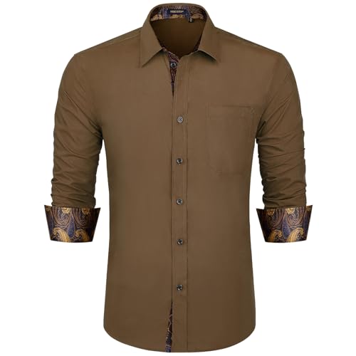 HISDERN Herren Hemd Freizeithemd Langarmhemd Formelle Businesshemden Langarm Freizeithemden Regular Fit Hemden Shirt Braun M von HISDERN