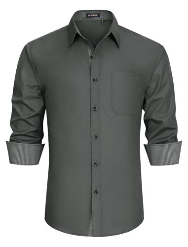 HISDERN Herren Hemd Freizeithemd Langarmhemd Formelle Businesshemden Langarm Freizeithemden Regular Fit Hemden Shirt Grau M von HISDERN