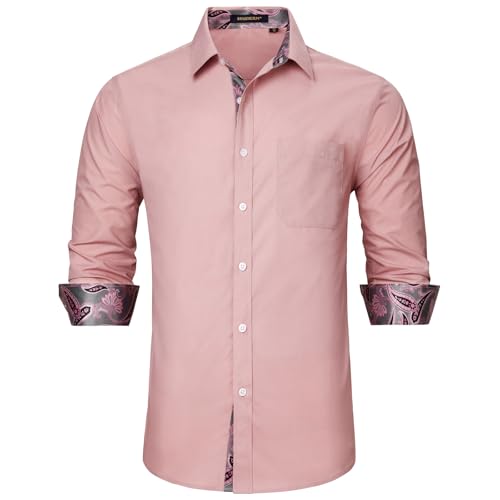 HISDERN Herren Hemd Freizeithemd Langarmhemd Formelle Businesshemden Langarm Freizeithemden Regular Fit Hemden Shirt Rosa 3XL von HISDERN
