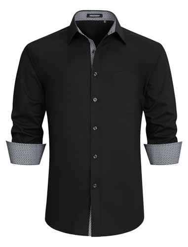 HISDERN Herren Hemd Freizeithemd Langarmhemd Formelle Businesshemden Langarm Freizeithemden Regular Fit Hemden Shirt Schwarz XL von HISDERN