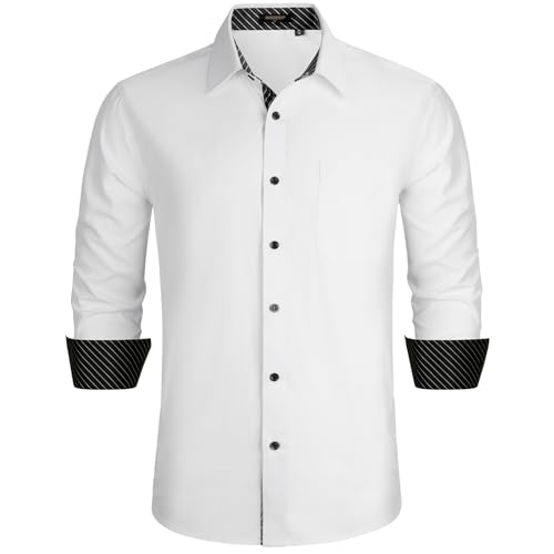 HISDERN Herren Hemd Freizeithemd Langarmhemd Formelle Businesshemden Langarm Freizeithemden Regular Fit Hemden Shirt Weiß 4XL von HISDERN