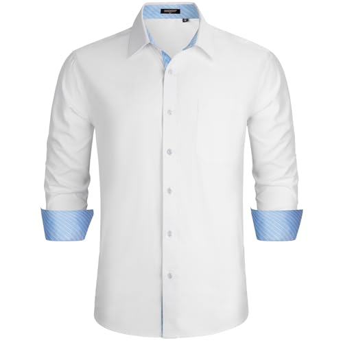 HISDERN Herren Hemd Freizeithemd Langarmhemd Formelle Businesshemden Langarm Freizeithemden Regular Fit Hemden Shirt Weiß XXL von HISDERN