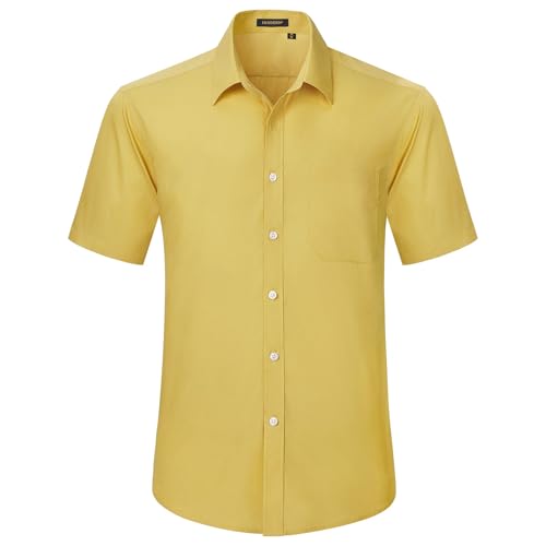 HISDERN Herren Hemd Gelb Kurzarm Freizeithemd Businesshemd Herrenhemden Regular Fit Bügelfreies Herrenhemd mit Brusttasche,4XL von HISDERN
