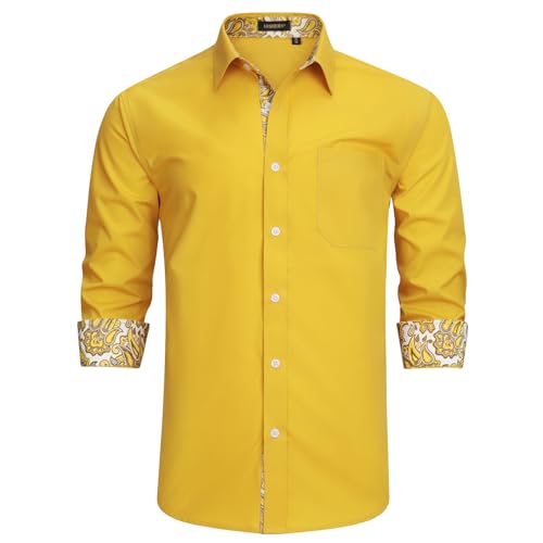 HISDERN Herren Hemd Gelb Langarm Button Down Stretch Smart Hemd Erwachsene Regular Fit Formale Geschäfte bügelfrei mit Taschen,Gelb-1,2XL von HISDERN