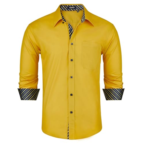 HISDERN Herren Hemd Gelb Langarm Regular Fit Formale Herren Hemd Business Freizeithemden Button Down Arbeit Hochzeit mit Taschen M von HISDERN