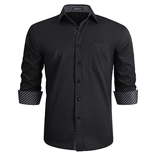 HISDERN Herren Hemd Gestreift Freizeithemd Businesshemden Freizeithemden Lang arm Baumwolle Klassisch Regular Fit Hemden Schwarz von HISDERN