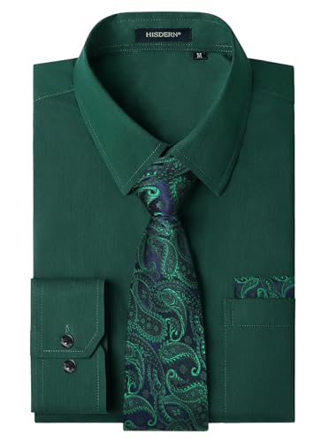 HISDERN Herren Hemd Grün Formelle Hemd mit Krawatte Hochzeit Freizeithemden Langarm Regular Fit mit Brusttasche M von HISDERN