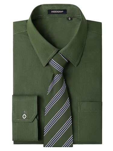 HISDERN Herren Hemd Grün Langarm Formelle Hemd mit Krawatte Set Freizeit Hochzeit Party Anzughemd Regular Fit M von HISDERN